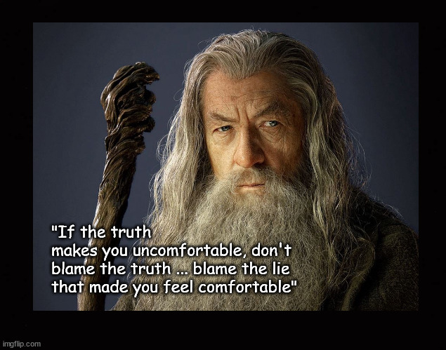 "If the truth  makes you uncomfortable |  "If the truth 
makes you uncomfortable, don't 
blame the truth ... blame the lie
that made you feel comfortable" | image tagged in gandalf | made w/ Imgflip meme maker