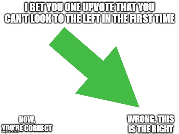 ;))) | I BET YOU ONE UPVOTE THAT YOU CAN'T LOOK TO THE LEFT IN THE FIRST TIME; NOW, YOU'RE CORRECT; WRONG, THIS IS THE RIGHT | image tagged in blank white template | made w/ Imgflip meme maker