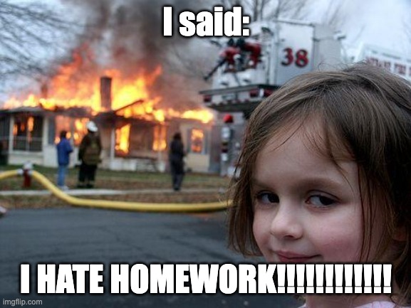 I hate homework! | I said:; I HATE HOMEWORK!!!!!!!!!!!! | image tagged in memes,disaster girl | made w/ Imgflip meme maker