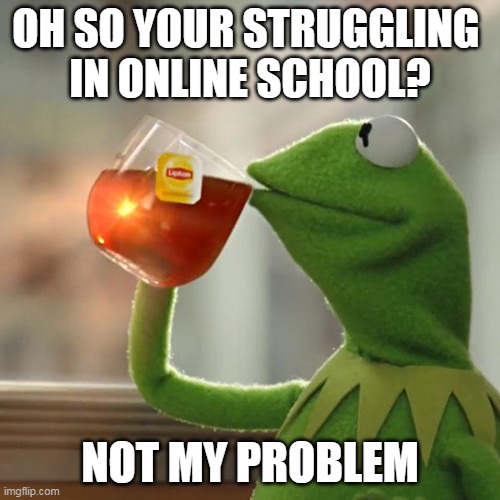 But That's None Of My Business | OH SO YOUR STRUGGLING 
IN ONLINE SCHOOL? NOT MY PROBLEM | image tagged in memes,but that's none of my business,kermit the frog | made w/ Imgflip meme maker