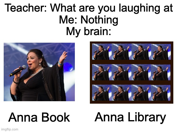 hol up | Teacher: What are you laughing at
Me: Nothing
My brain:; Anna Book; Anna Library | image tagged in blank white template | made w/ Imgflip meme maker