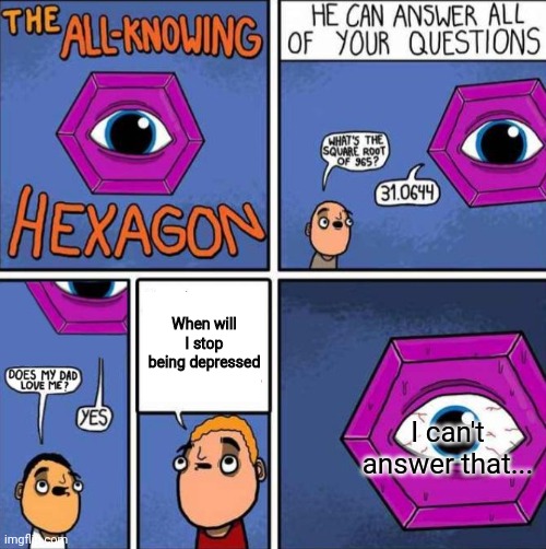 All knowing hexagon (ORIGINAL) | When will I stop being depressed; I can't answer that... | image tagged in all knowing hexagon original | made w/ Imgflip meme maker