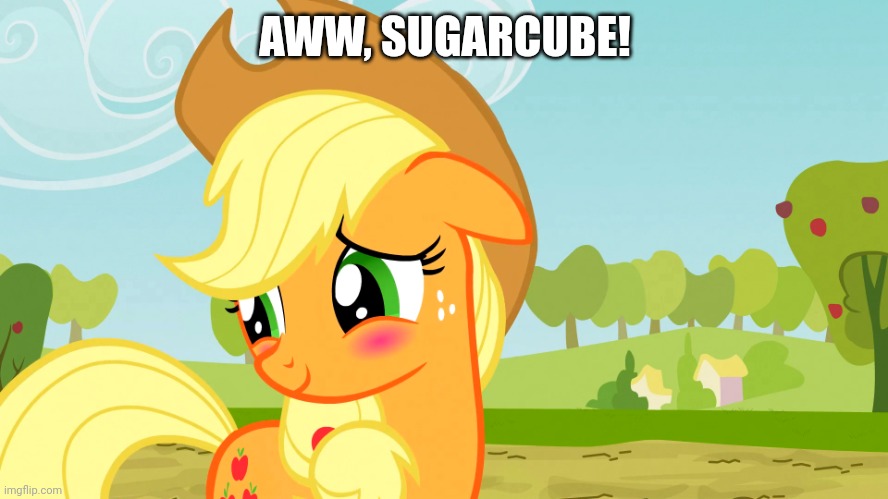 Blushed Applejack (MLP) | AWW, SUGARCUBE! | image tagged in blushed applejack mlp | made w/ Imgflip meme maker