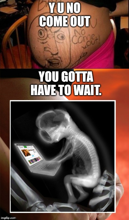 Y u no come out | Y U NO COME OUT; YOU GOTTA HAVE TO WAIT. | image tagged in baby y u no come out | made w/ Imgflip meme maker