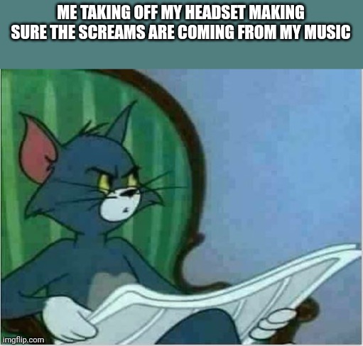 Interrupting Tom's Read | ME TAKING OFF MY HEADSET MAKING SURE THE SCREAMS ARE COMING FROM MY MUSIC | image tagged in interrupting tom's read | made w/ Imgflip meme maker
