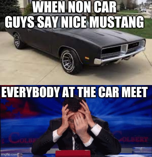 makes me mad | WHEN NON CAR GUYS SAY NICE MUSTANG; EVERYBODY AT THE CAR MEET | image tagged in charger,face palm | made w/ Imgflip meme maker