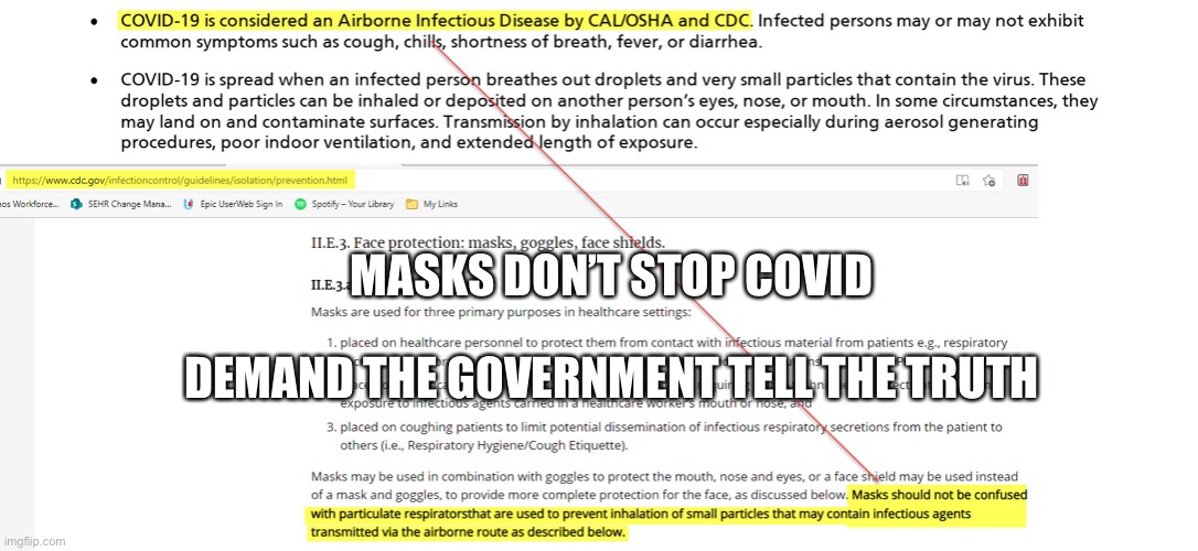 Airborne precautions | MASKS DON’T STOP COVID; DEMAND THE GOVERNMENT TELL THE TRUTH | image tagged in cdc,politics | made w/ Imgflip meme maker