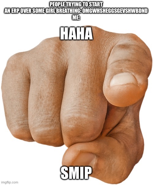 HAHA SMIP | PEOPLE TRYING TO START AN ERP OVER SOME GIRL BREATHING: OMGWHSHEGGSGEVSHWBDND
ME: | image tagged in haha smip | made w/ Imgflip meme maker
