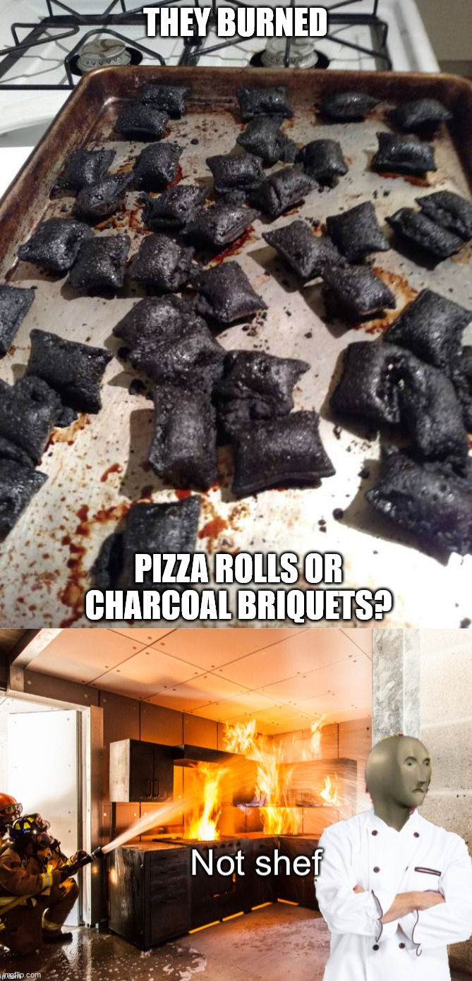 I need some training | THEY BURNED; PIZZA ROLLS OR CHARCOAL BRIQUETS? | image tagged in not shef,food,burned | made w/ Imgflip meme maker