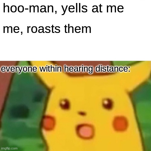 Surprised Pikachu | hoo-man, yells at me; me, roasts them; everyone within hearing distance: | image tagged in memes,surprised pikachu | made w/ Imgflip meme maker