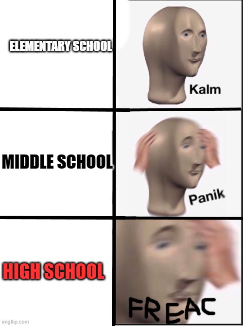 kalm, panik, FREAC | ELEMENTARY SCHOOL MIDDLE SCHOOL HIGH SCHOOL | image tagged in kalm panik freac | made w/ Imgflip meme maker