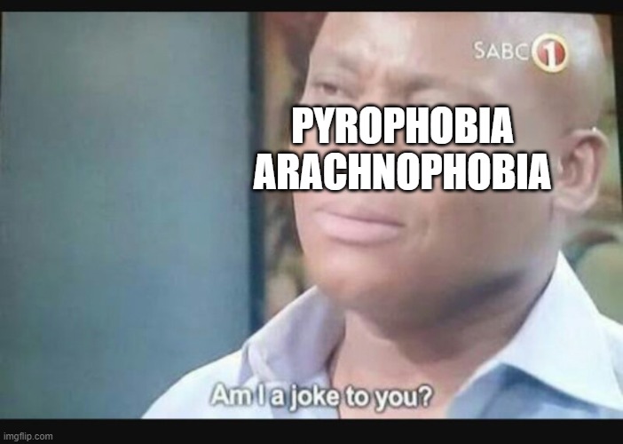 Am I a joke to you? | PYROPHOBIA
ARACHNOPHOBIA | image tagged in am i a joke to you | made w/ Imgflip meme maker