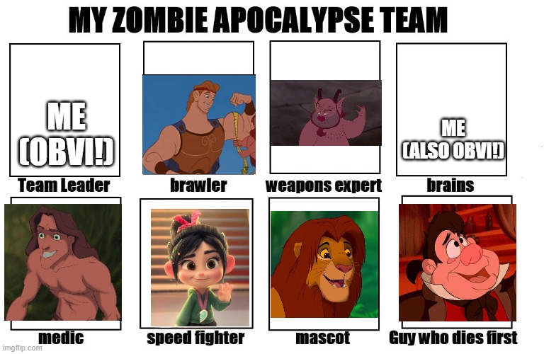 i saw this meme going around,so i thought i'd put my own spin on it! | ME (ALSO OBVI!); ME (OBVI!) | image tagged in my zombie apocalypse team | made w/ Imgflip meme maker
