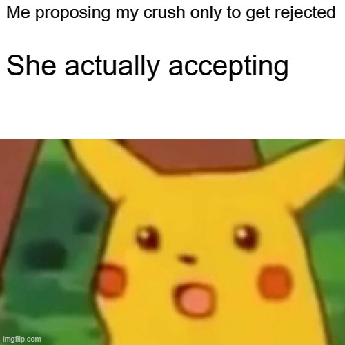 Surprised Pikachu Meme | Me proposing my crush only to get rejected; She actually accepting | image tagged in memes,surprised pikachu | made w/ Imgflip meme maker
