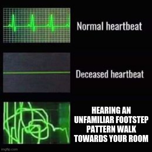 heartbeat rate | HEARING AN UNFAMILIAR FOOTSTEP PATTERN WALK TOWARDS YOUR ROOM | image tagged in heartbeat rate | made w/ Imgflip meme maker