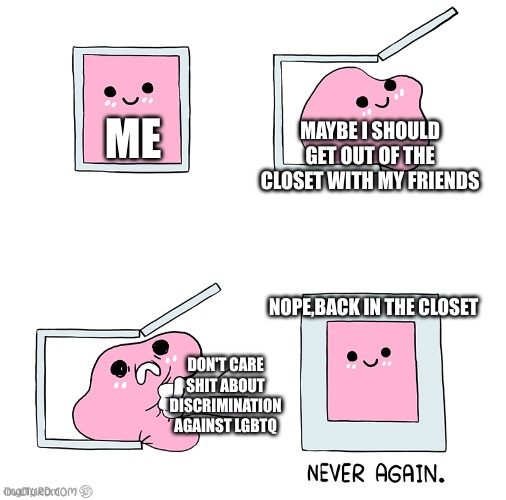 Pink Blob In the Box | ME; MAYBE I SHOULD GET OUT OF THE CLOSET WITH MY FRIENDS; NOPE,BACK IN THE CLOSET; DON'T CARE SHIT ABOUT DISCRIMINATION AGAINST LGBTQ | image tagged in pink blob in the box | made w/ Imgflip meme maker