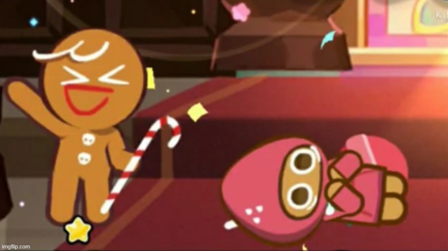Happy gingerbrave Vs. traumatized strawberry cookie | image tagged in happy gingerbrave vs traumatized strawberry cookie | made w/ Imgflip meme maker