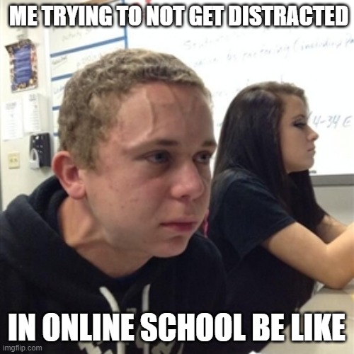 Vein forehead guy |  ME TRYING TO NOT GET DISTRACTED; IN ONLINE SCHOOL BE LIKE | image tagged in vein forehead guy,online school,covid-19,omicron,relatable | made w/ Imgflip meme maker