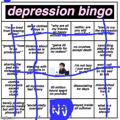my friend depressed af, i tried this on her, she got 5 bingos lol | image tagged in depression bingo | made w/ Imgflip meme maker