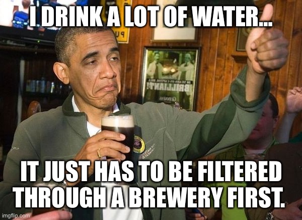 Brewery Water |  I DRINK A LOT OF WATER…; IT JUST HAS TO BE FILTERED THROUGH A BREWERY FIRST. | image tagged in funny,water,obama beer,hold my beer | made w/ Imgflip meme maker