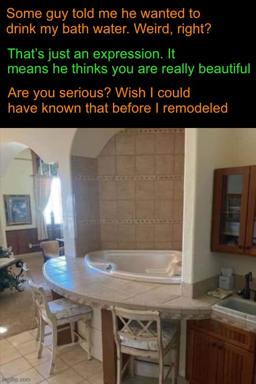 Blonde Moment. That’s an expression too. | Some guy told me he wanted to drink my bath water. Weird, right? That’s just an expression. It means he thinks you are really beautiful; Are you serious? Wish I could have known that before I remodeled | image tagged in funny memes | made w/ Imgflip meme maker