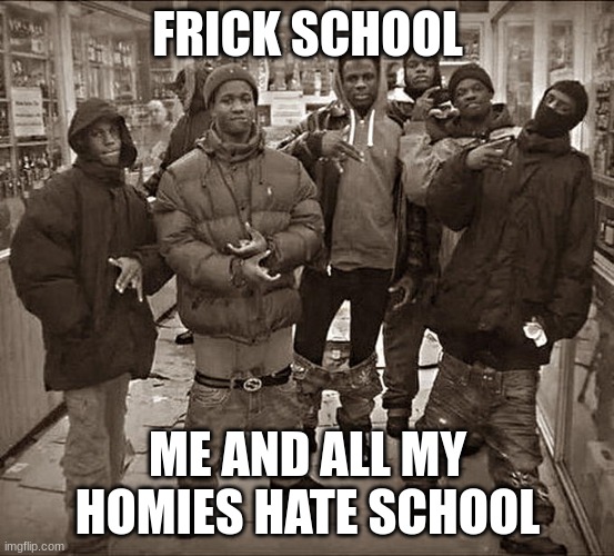 All My Homies Hate | FRICK SCHOOL; ME AND ALL MY HOMIES HATE SCHOOL | image tagged in all my homies hate | made w/ Imgflip meme maker