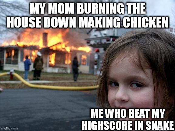 based on a true story | MY MOM BURNING THE HOUSE DOWN MAKING CHICKEN; ME WHO BEAT MY HIGHSCORE IN SNAKE | image tagged in memes,disaster girl | made w/ Imgflip meme maker