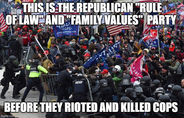 Trumpers - To dumb to think for themselves, to hypocritical to hold themselves accountable. | THIS IS THE REPUBLICAN "RULE OF LAW" AND "FAMILY VALUES"  PARTY; BEFORE THEY RIOTED AND KILLED COPS | image tagged in dc riot,donald trump,trump supporters,republicans | made w/ Imgflip meme maker