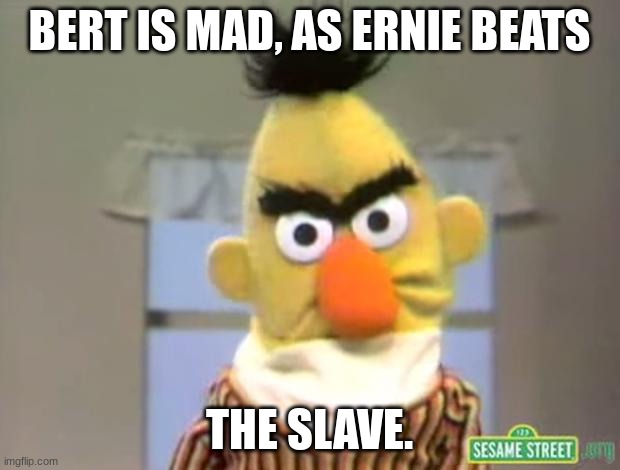Ernie is next. | BERT IS MAD, AS ERNIE BEATS; THE SLAVE. | image tagged in sesame street - angry bert | made w/ Imgflip meme maker