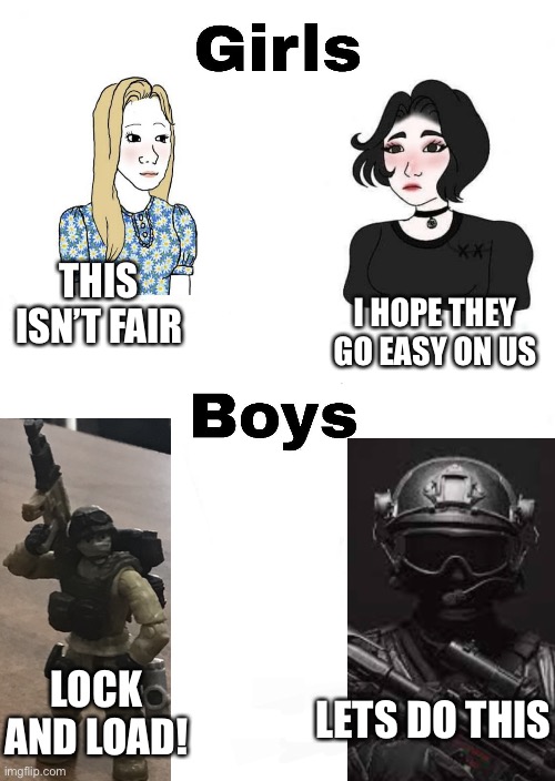 Girls vs boys, but with the right subtitles | THIS ISN’T FAIR; I HOPE THEY GO EASY ON US; LOCK AND LOAD! LETS DO THIS | image tagged in girls vs boys but with the right subtitles | made w/ Imgflip meme maker