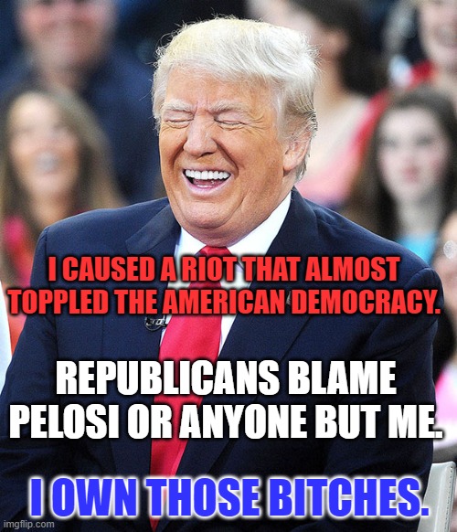 The Trum Dominated Republican Party, a Retinue for Unamerican Cowards. | I CAUSED A RIOT THAT ALMOST TOPPLED THE AMERICAN DEMOCRACY. REPUBLICANS BLAME PELOSI OR ANYONE BUT ME. I OWN THOSE BITCHES. | image tagged in trump laughing | made w/ Imgflip meme maker