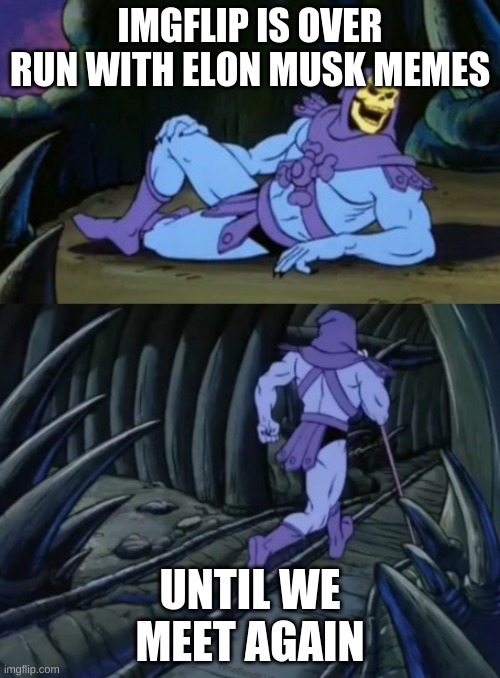 Disturbing Facts Skeletor | IMGFLIP IS OVER RUN WITH ELON MUSK MEMES; UNTIL WE MEET AGAIN | image tagged in disturbing facts skeletor | made w/ Imgflip meme maker