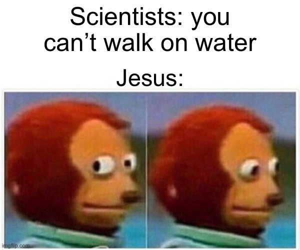 Monkey Puppet |  Scientists: you can’t walk on water; Jesus: | image tagged in memes,monkey puppet | made w/ Imgflip meme maker