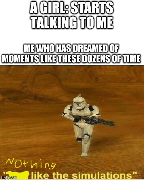 Panic | A GIRL: STARTS TALKING TO ME; ME WHO HAS DREAMED OF MOMENTS LIKE THESE DOZENS OF TIME | image tagged in just like the simulations | made w/ Imgflip meme maker