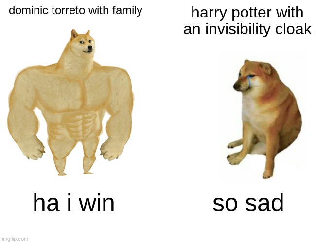 Buff Doge vs. Cheems Meme | dominic torreto with family; harry potter with an invisibility cloak; ha i win; so sad | image tagged in memes,buff doge vs cheems | made w/ Imgflip meme maker