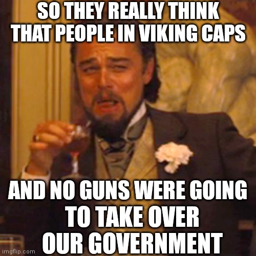 Laughing Leo Meme | SO THEY REALLY THINK THAT PEOPLE IN VIKING CAPS; AND NO GUNS WERE GOING; TO TAKE OVER OUR GOVERNMENT | image tagged in memes,laughing leo | made w/ Imgflip meme maker