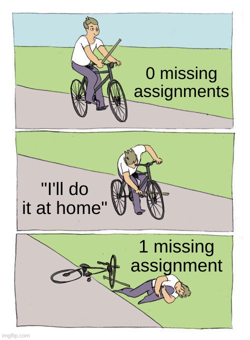 when the | 0 missing assignments; "I'll do it at home"; 1 missing assignment | image tagged in memes,bike fall,funny | made w/ Imgflip meme maker