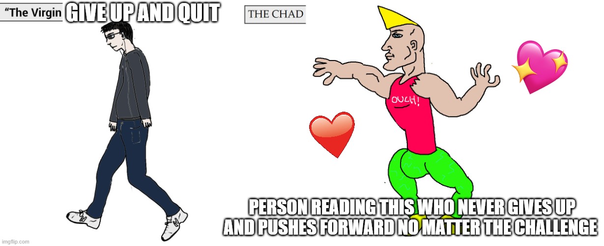 never give up <3 | GIVE UP AND QUIT; PERSON READING THIS WHO NEVER GIVES UP AND PUSHES FORWARD NO MATTER THE CHALLENGE | image tagged in virgin and chad,wholesome | made w/ Imgflip meme maker