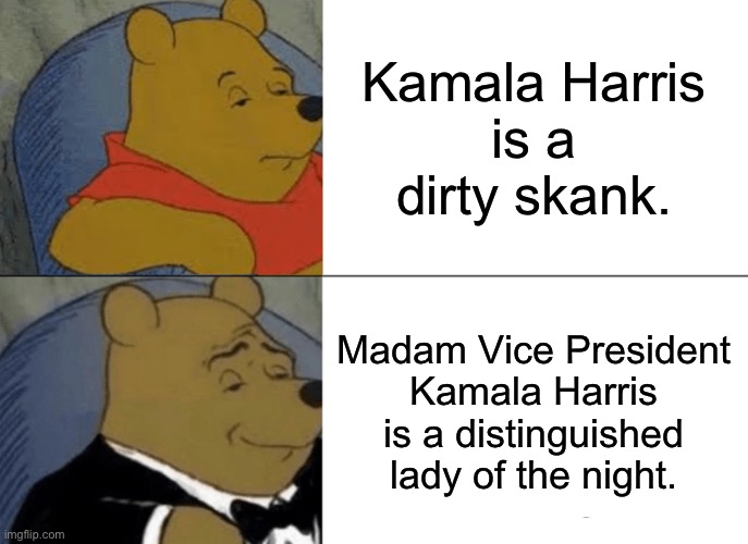 Lady Of The Night Harris | Kamala Harris
is a
dirty skank. Madam Vice President
Kamala Harris is a distinguished lady of the night. | image tagged in memes,tuxedo winnie the pooh,kamala harris,hooker,lady,words | made w/ Imgflip meme maker