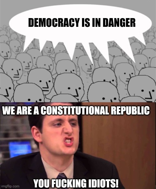 Democracy means the majority can take your rights away. | DEMOCRACY IS IN DANGER; WE ARE A CONSTITUTIONAL REPUBLIC; YOU FUCKING IDIOTS! | image tagged in npcprogramscreed,gabe - shut up about the sun,democracy,republic | made w/ Imgflip meme maker