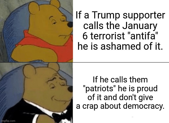 Judge them by their conspiracy theory | If a Trump supporter calls the January 6 terrorist "antifa" he is ashamed of it. If he calls them "patriots" he is proud of it and don't give a crap about democracy. | image tagged in trump supporter,presidential election,republican,conservative,liberal,democrat | made w/ Imgflip meme maker