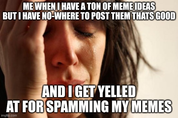 First World Problems | ME WHEN I HAVE A TON OF MEME IDEAS BUT I HAVE NO-WHERE TO POST THEM THATS GOOD; AND I GET YELLED AT FOR SPAMMING MY MEMES | image tagged in memes,first world problems | made w/ Imgflip meme maker