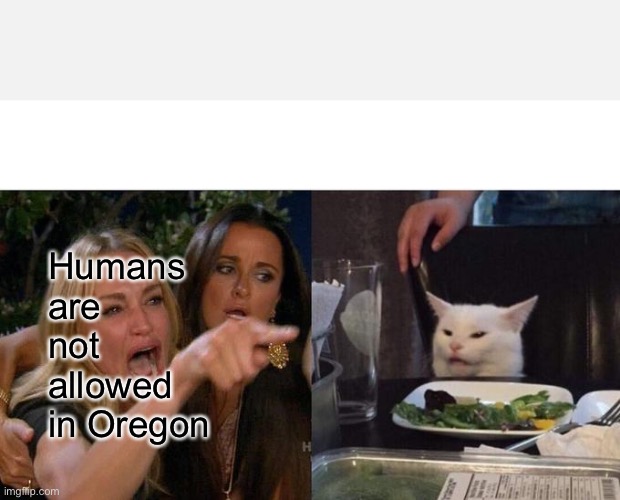 Humans | Humans are not allowed in Oregon | image tagged in memes,woman yelling at cat | made w/ Imgflip meme maker