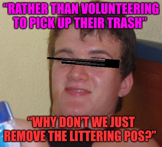 Tell Me Why? |  “RATHER THAN VOLUNTEERING TO PICK UP THEIR TRASH”; “WHY DON’T WE JUST REMOVE THE LITTERING POS?” | image tagged in trash,littering,volunteers,remove,community,environment | made w/ Imgflip meme maker