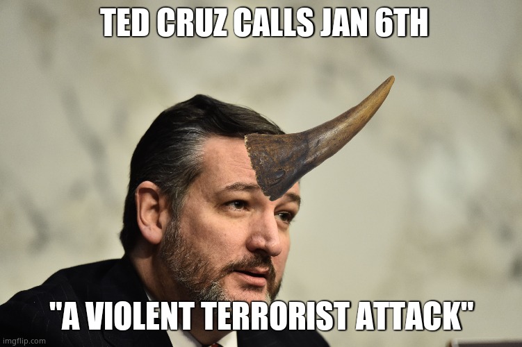 Rino Ted | TED CRUZ CALLS JAN 6TH; "A VIOLENT TERRORIST ATTACK" | image tagged in memes,ted cruz,rino,political meme | made w/ Imgflip meme maker