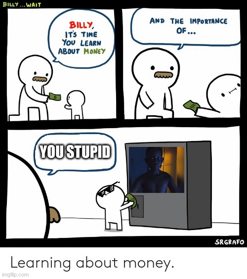 Dont give a 5yr old money | YOU STUPID | image tagged in billy learning about money | made w/ Imgflip meme maker