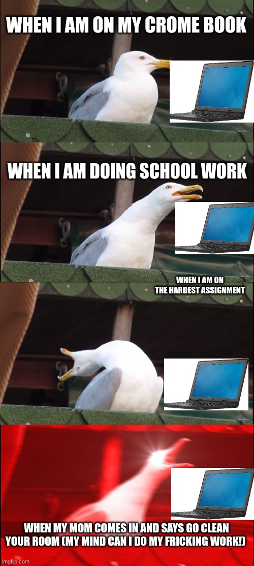 mom why just why | WHEN I AM ON MY CROME BOOK; WHEN I AM DOING SCHOOL WORK; WHEN I AM ON THE HARDEST ASSIGNMENT; WHEN MY MOM COMES IN AND SAYS GO CLEAN YOUR ROOM (MY MIND CAN I DO MY FRICKING WORK!) | image tagged in memes,inhaling seagull | made w/ Imgflip meme maker