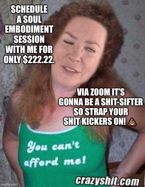 Sandra McEllis Embodiment of the Soul | SCHEDULE A SOUL EMBODIMENT SESSION WITH ME FOR ONLY $222.22. VIA ZOOM IT’S GONNA BE A SHIT-SIFTER SO STRAP YOUR SHIT KICKERS ON! 💩 | image tagged in wack,lol so funny,rip off,hilarious memes | made w/ Imgflip meme maker
