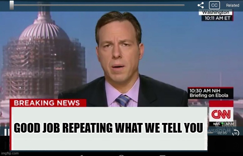CNN Crazy News Network | GOOD JOB REPEATING WHAT WE TELL YOU | image tagged in cnn crazy news network | made w/ Imgflip meme maker