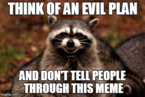 Evil Plotting Raccoon Meme | THINK OF AN EVIL PLAN AND DON'T TELL PEOPLE THROUGH THIS MEME | image tagged in memes,evil plotting raccoon | made w/ Imgflip meme maker